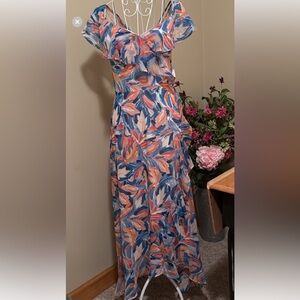 London Times Orange and Pink Ruffled Sundress with Flutter Sleeves